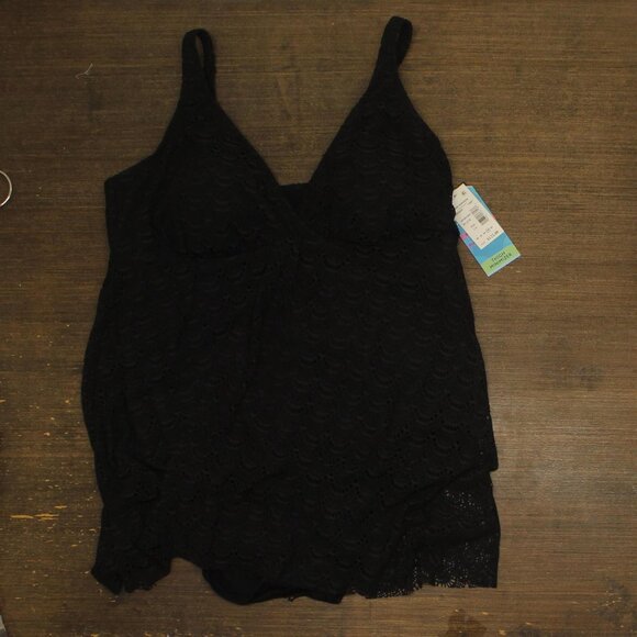 NWT Swim Solutions Tummy Control Flyaway Lace Swimdress One Piece Swim Black 22W - Picture 4 of 8